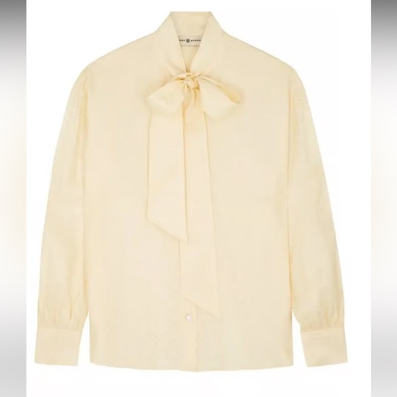 Tory Burch Tops - Tory Burch French-cream Tie Neck silk blouse; Jacquard logo; NWT